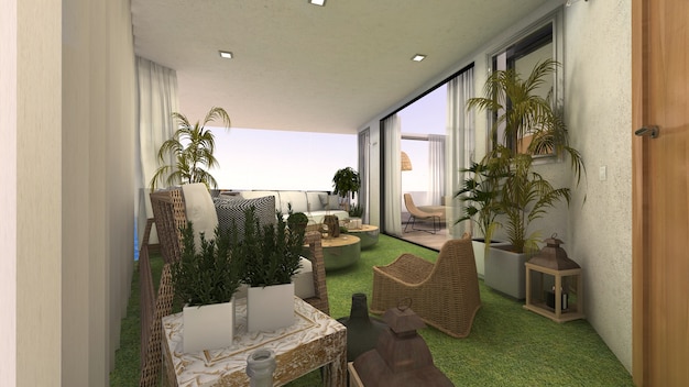 terrazza con vista sul mare e zona relax. Rendering 3D