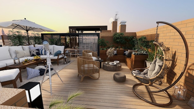 TERRAZZA CON ZONA CHILL OUT E JACUZZI CON PERGOLE E PIANTE