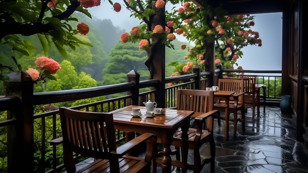 Terrazza del caffè con fiori di ortensie rosa nella nebbia