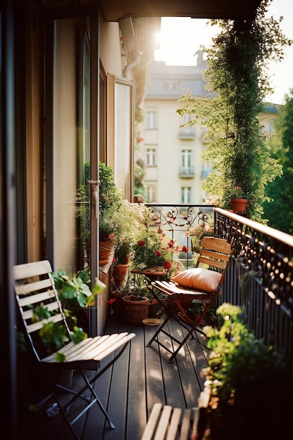 Terrazza dell'appartamento in città con mobili per il patio