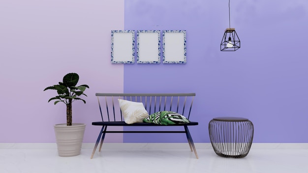 Terrazza di design 3d con sfumature viola e foto mockup