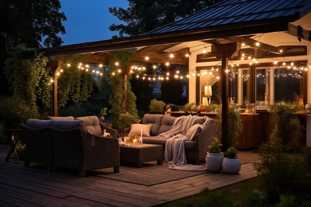 Terrazza di lusso con cuscini e candele in giardino di notte