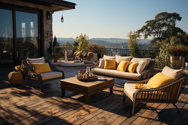 Terrazza esterna con divano tavolino e cuscini al tramonto generativi ai