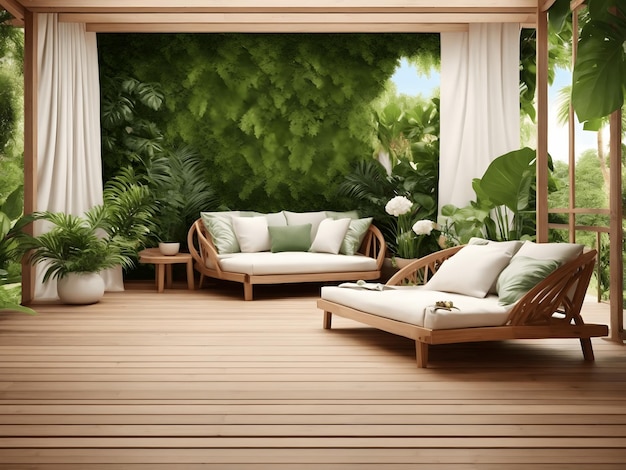 Terrazza in legno nel giardino tropicale rendering 3d C'è un pavimento in legno