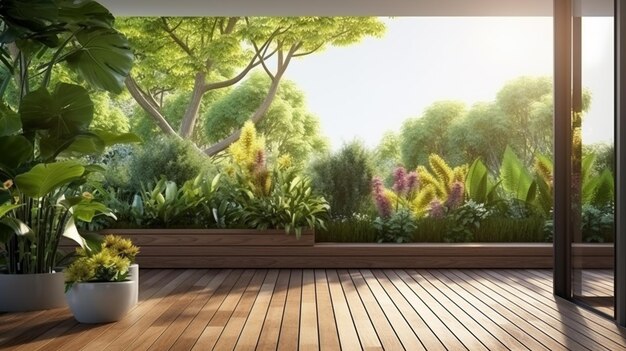 Terrazza in legno tra parete di vetro e giardino verde alberi in stile tropicale luce solare sulla parete