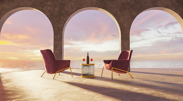 Terrazza minimalista con archi in cemento e tavolo dorato con bicchieri da vino e tramonto sul mare