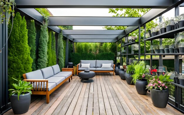 terrazza moderna con pavimento in legno
