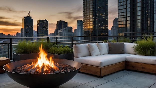 Terrazza sul tetto con camino e vista sulla città