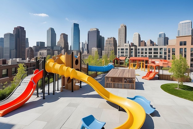 Terrazza sul tetto progettata come parco giochi sul tetto per bambini con scivoli, altalene e strutture di gioco in mezzo a panorami dell'orizzonte