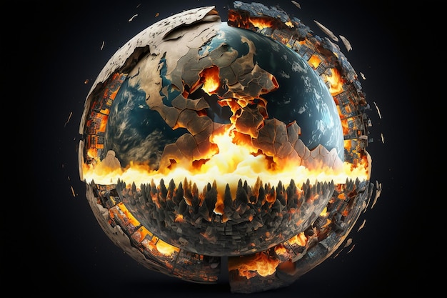 Terremoto che porta la crosta terrestre al suo interno con il fuoco Esplosione nucleare guerra globale Distruzioni drammatiche scene apocalittiche catastrofe Lampo luminoso Vista del pianeta dallo spazio Generato dall'IA