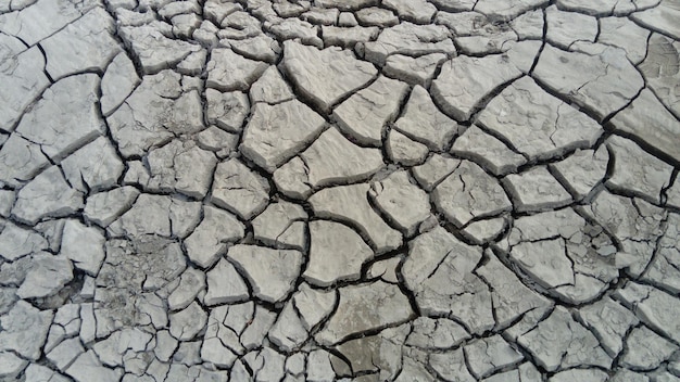 Terreno argilloso incrinato a causa della siccità e dello spreco di acqua del fiume