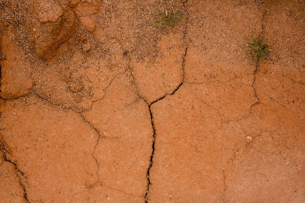 Terreno argilloso rosso screpolato secco, argilla rossa con fessure