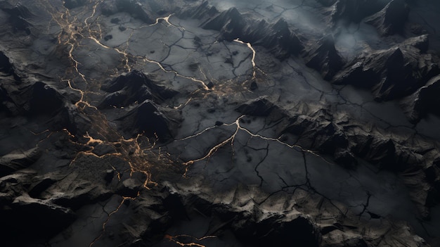 Terreno desolato nero incrinato Rendering realistici di tempeste di fuoco nelle montagne