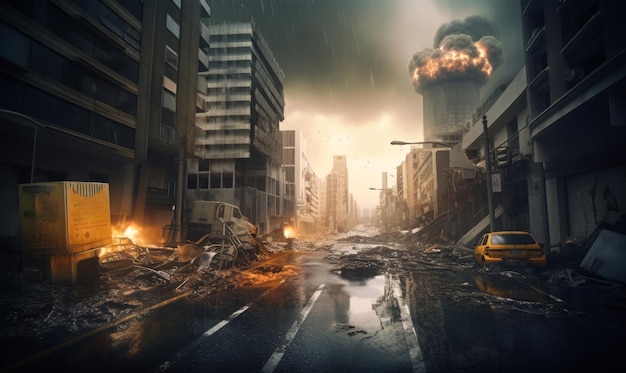 Terribile distruzione nella grande città Incendio sul luogo degli edifici bombardati Esplosione sullo sfondo Sfondo serale piovoso AI generativa
