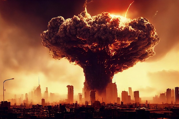 Terribile enorme esplosione di una bomba nucleare in città Illustrazione 3D apocalittica