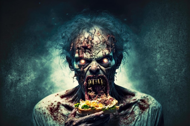 Terribile zombi che divora una fetta di pizza in mezzo all'apocalisse