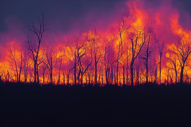 Terribili incendi boschivi disastri naturali annuali le foreste stanno bruciando e tutti gli alberi sono su tronchi di fuoco
