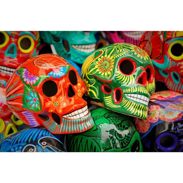 Teschi colorati decorati al giorno di mercato dei morti Messico foto d'archivio