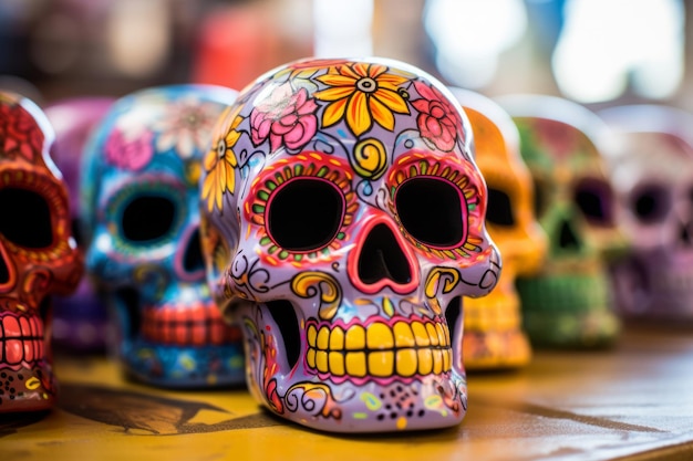 Teschi colorati in ceramica messicana tradizionale Illustrazione AI generativa