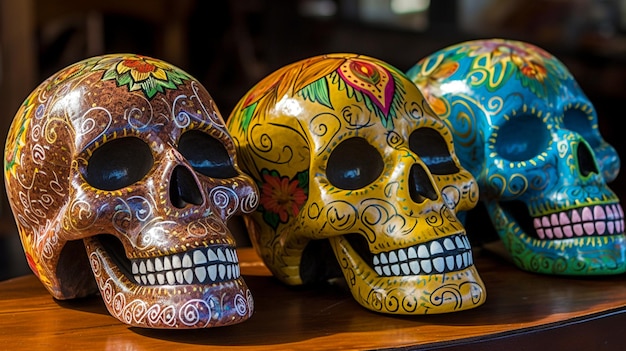 Teschi colorati sono esposti su un tavolo in un negozio Cranio colorato messicano Cinco de mayo