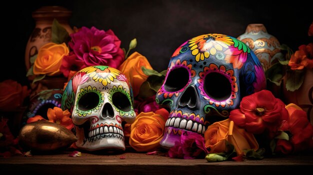 Teschi del giorno dei morti Dia de los Muertos Giorno dei morti e sfondo messicano di Halloween Festa della tradizione messicana Giorno del teschio di zucchero morto Dia de los Muertos genera ai