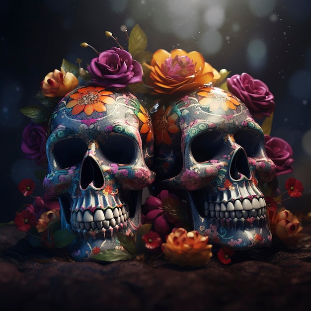 Teschi del giorno dei morti Dia de los Muertos Giorno dei morti e sfondo messicano di Halloween Festa della tradizione messicana Giorno del teschio di zucchero morto Dia de los Muertos genera ai