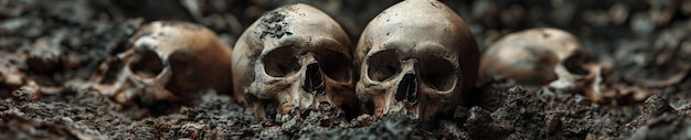 teschi di scheletri nel terreno in scavi archeologici in tombe funerarie