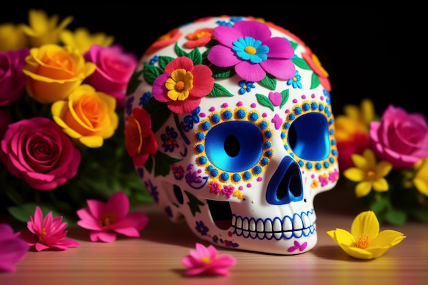 Teschi di zucchero messicani tra fiori in fiore Calavera come simbolo del Giorno dei Morti