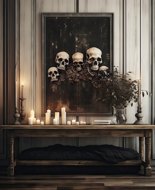 teschi e candele su un tavolo di fronte a un muro con l'immagine di due teschi, uno seduto accanto all'altro