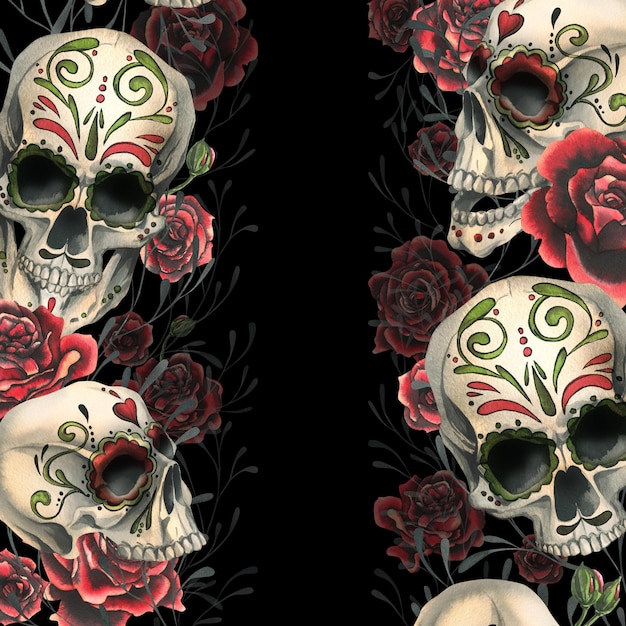 Teschi umani ornati con rose rosse disegnate a mano illustrazione ad acquerello per il giorno dei morti