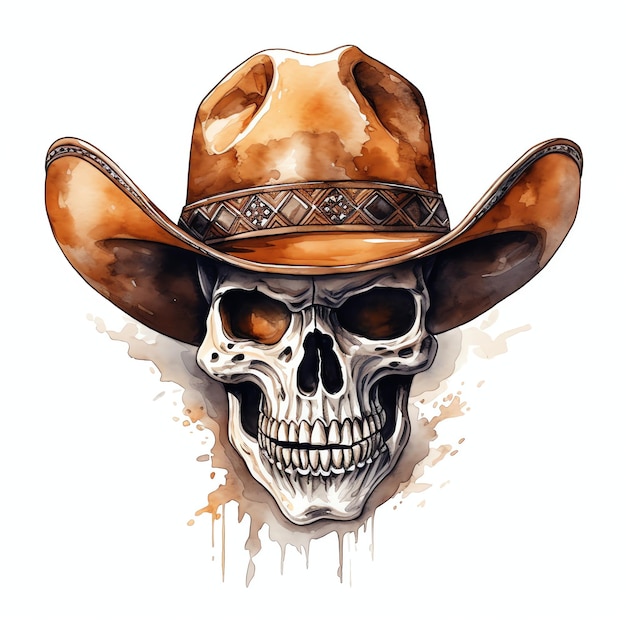 teschio ad acquerello con un cappello da cowboy o bandana illustrazione del deserto del cowboy dell'ovest selvaggio occidentale
