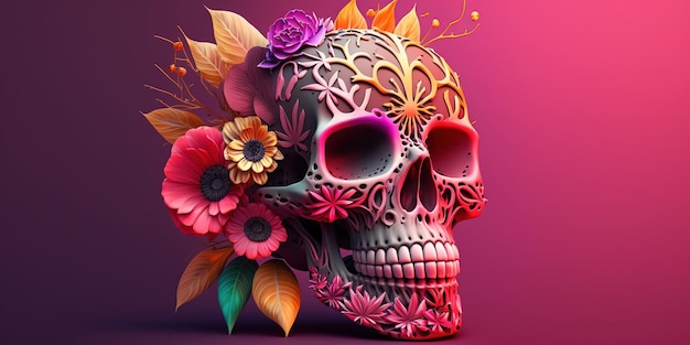 teschio colorato su sfondo rosa vivido giorno dei morti dia de muertos