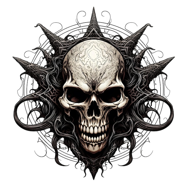 teschio con un sinistro disegno del tatuaggio della maglietta del pentagramma illustrazione di arte scura isolata su bianco