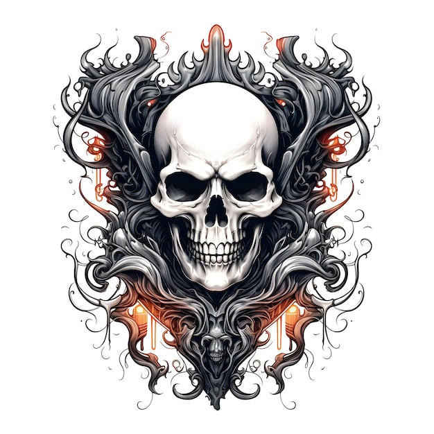 teschio con uno specchio infestato tshirt design del tatuaggio illustrazione di arte oscura isolata su bianco