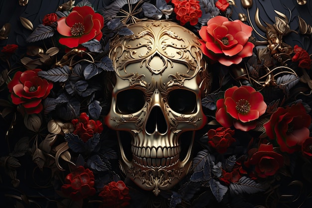 Teschio d'oro con rose rosse horror organico diavolo morte giger epico