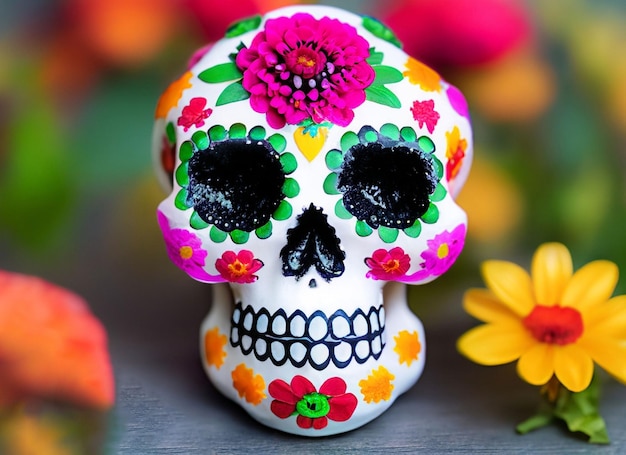 Teschio di calavera suger decorato con fiori il giorno dei morti