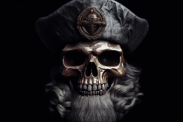 Teschio di capitano pirata con cappello sfondo nero concetto fantasy IA generativa
