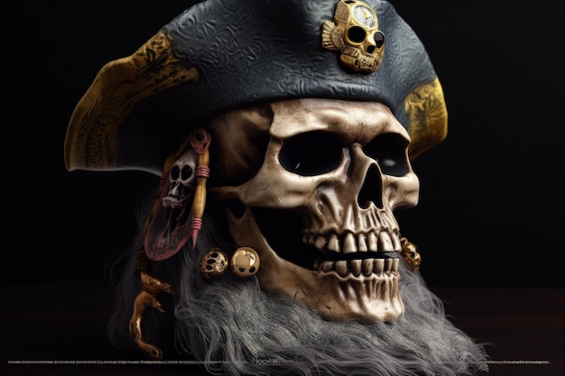 Teschio di capitano pirata con cappello sfondo nero concetto fantasy IA generativa