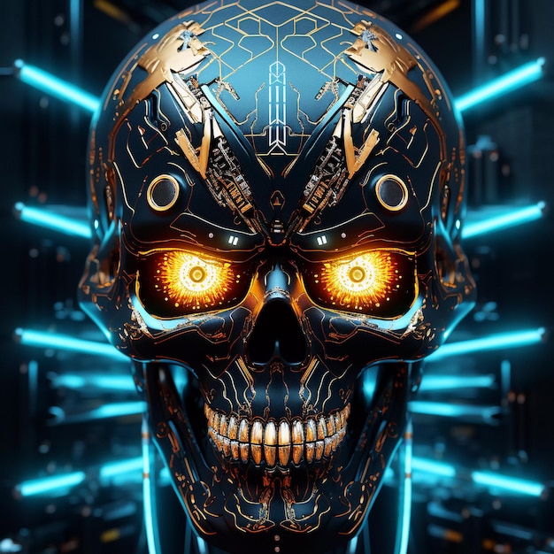 Teschio di intelligenza artificiale in stile cyberpunk