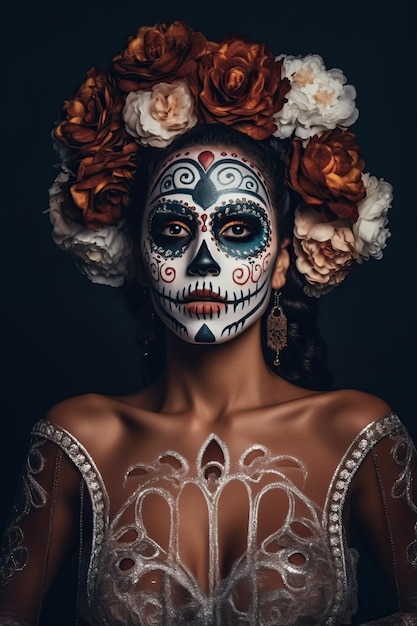 Teschio di zucchero bianco Dia De Los Muertos sul poster per la festa di Halloween con trucco creativo