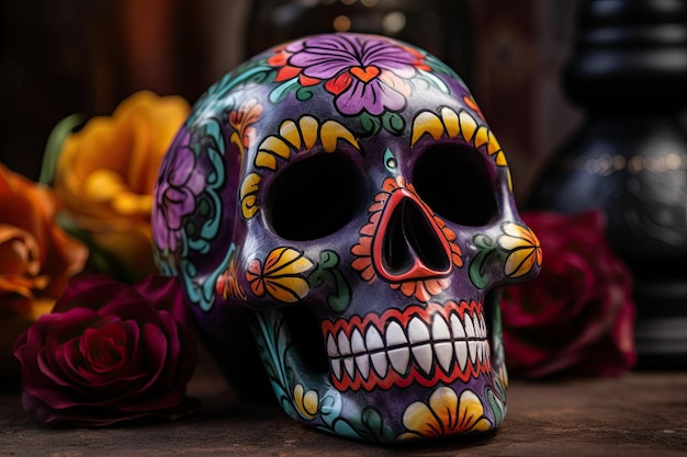 Teschio di zucchero colorato Giorno messicano dei morti IA generativa