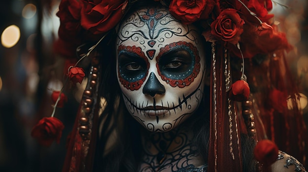 Teschio di zucchero con fiori colorati Calavera Catrina Dia de los muertos Giorno dei morti Illustrazione digitale 3D AI generativa