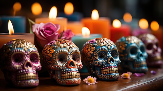 Teschio di zucchero floreale e candele della tradizione messicana IA generativa