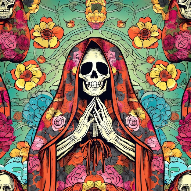Teschio di zucchero messicano e fiori scheletro di Santa Muerte vacanza messicana IA generativa
