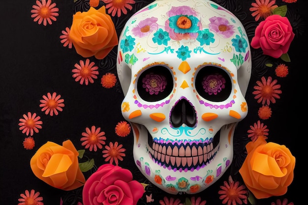 Teschio di zucchero tradizionale Calavera decorato con fiori Il giorno dei morti Illustrazione 3D