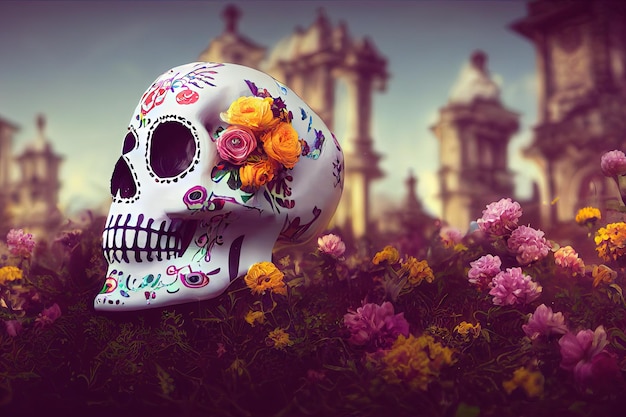 Teschio di zucchero tradizionale Calavera decorato con fiori Il giorno dei morti Illustrazione 3D