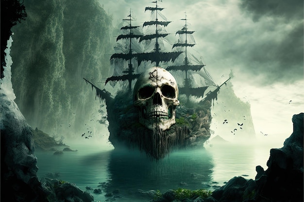 Teschio gigante su nave pirata fantasma, isola sullo sfondo. IA generativa