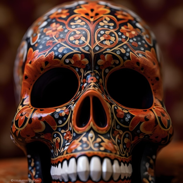 Teschio in ceramica a tema Halloween con motivi intricati e decorazioni ornate
