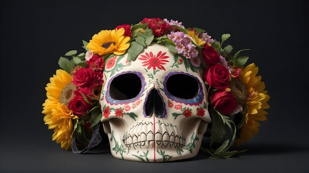 Teschio messicano decorato floreale ispirato a Catrina