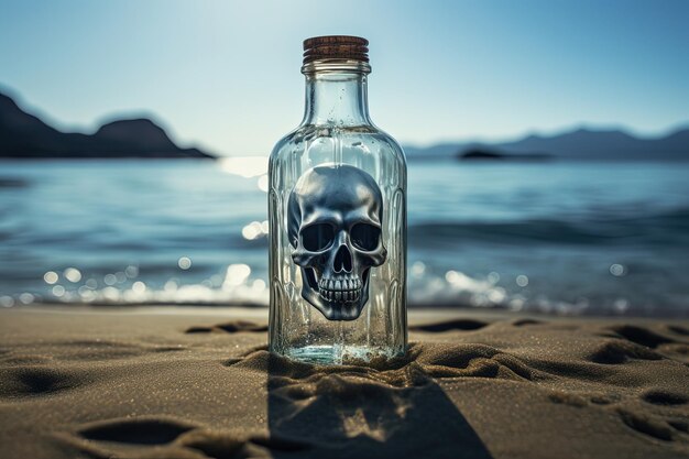 Teschio pirata all'interno di una bottiglia di vetro isola perduta sullo sfondo IA generativa